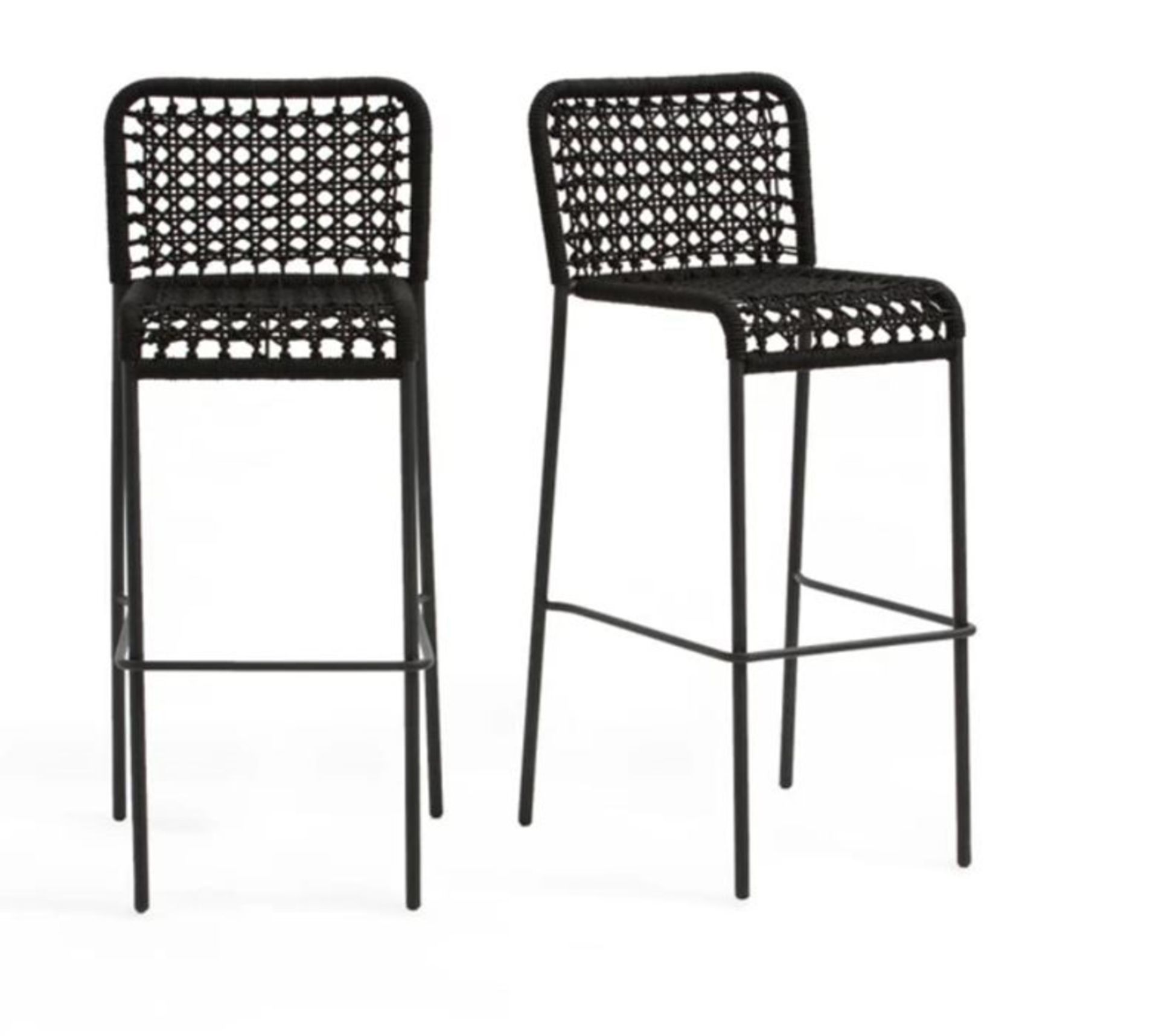 1 GRADE A BOXED LA REDOUTE SET OF 2 SAPHIR METAL AND WOVEN CORD OUTDOOR HIGH BAR STOOLS IN BLACK /