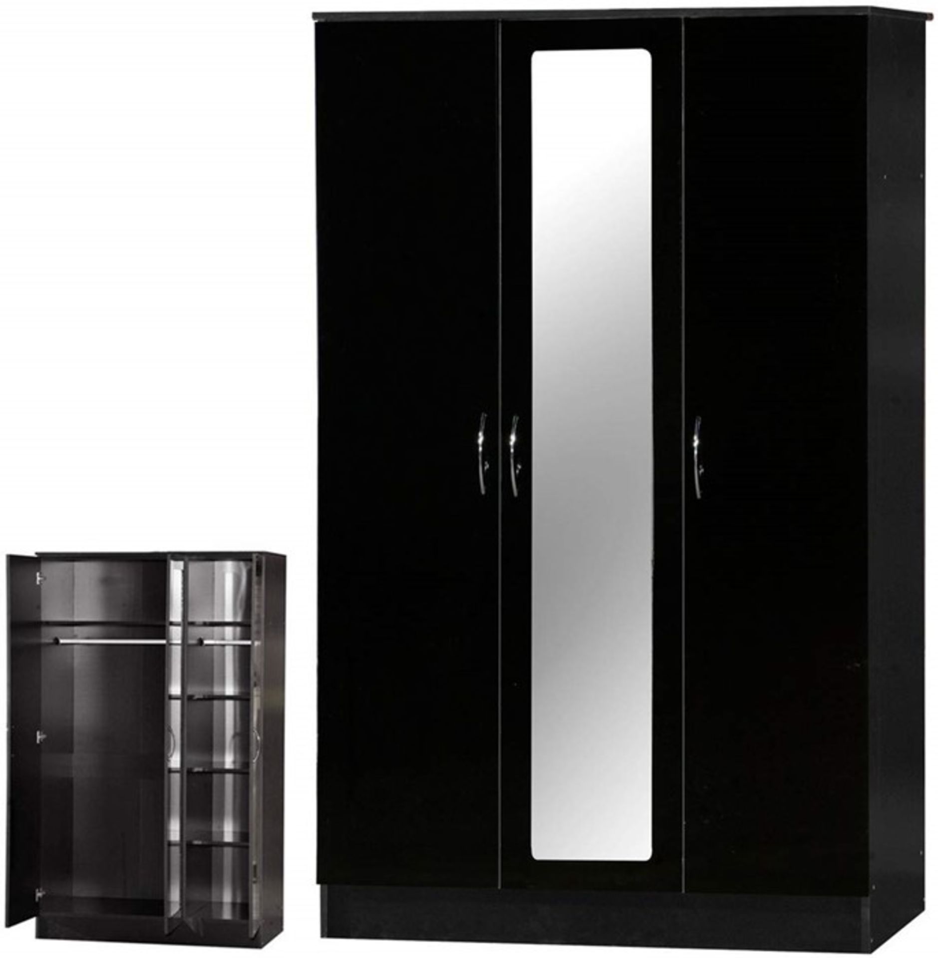 1 BOXED TWO TONE 3 DOOR MIRRORED WARDROBE IN BLACK GLOSS (PUBLIC VIEWING AVAILABLE)