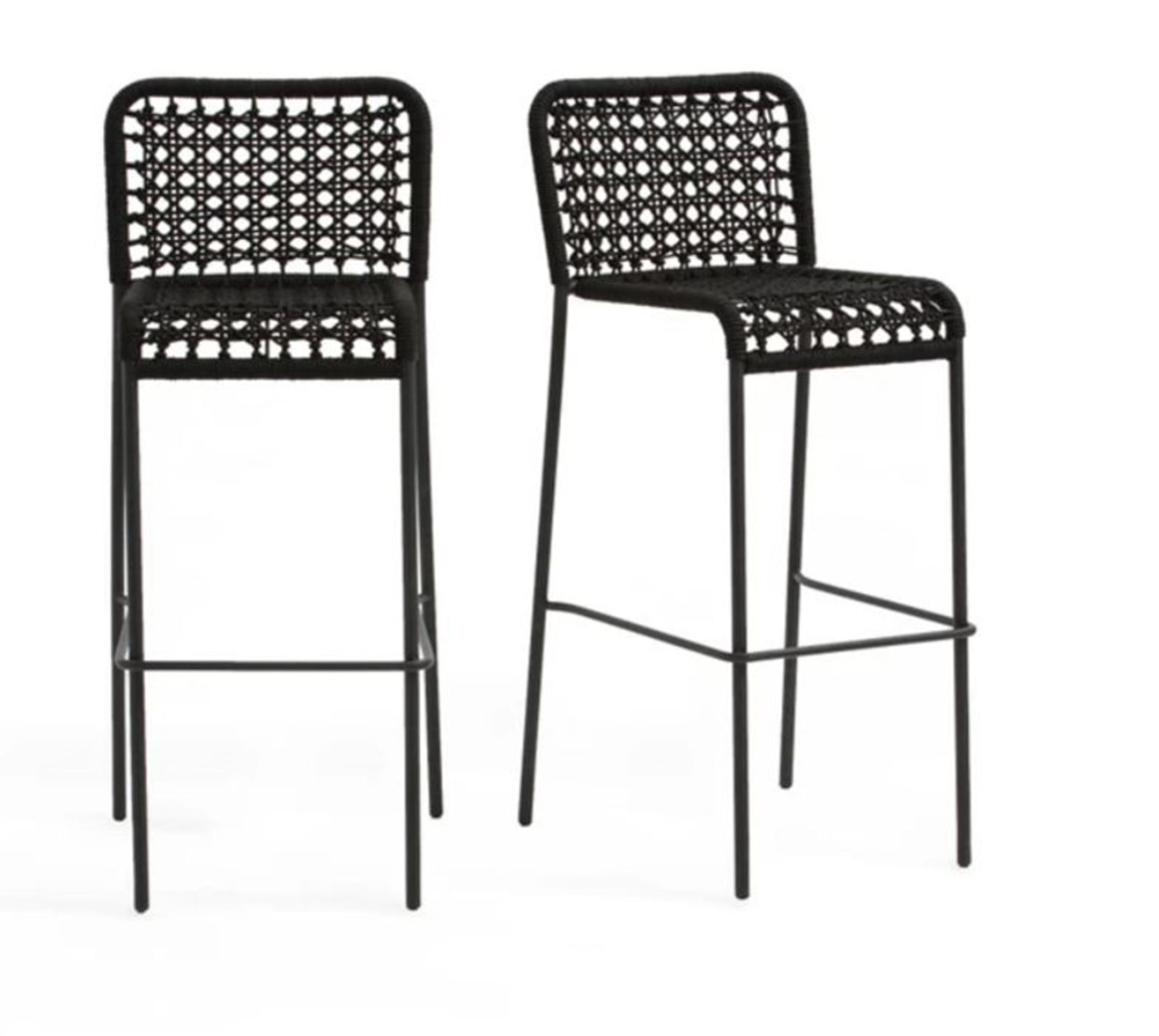 1 GRADE A DESIGNER SET OF 2 SAPHIR METAL AND WOVEN CORD OUTDOOR HIGH BAR STOOLS IN BLACK / RRP £