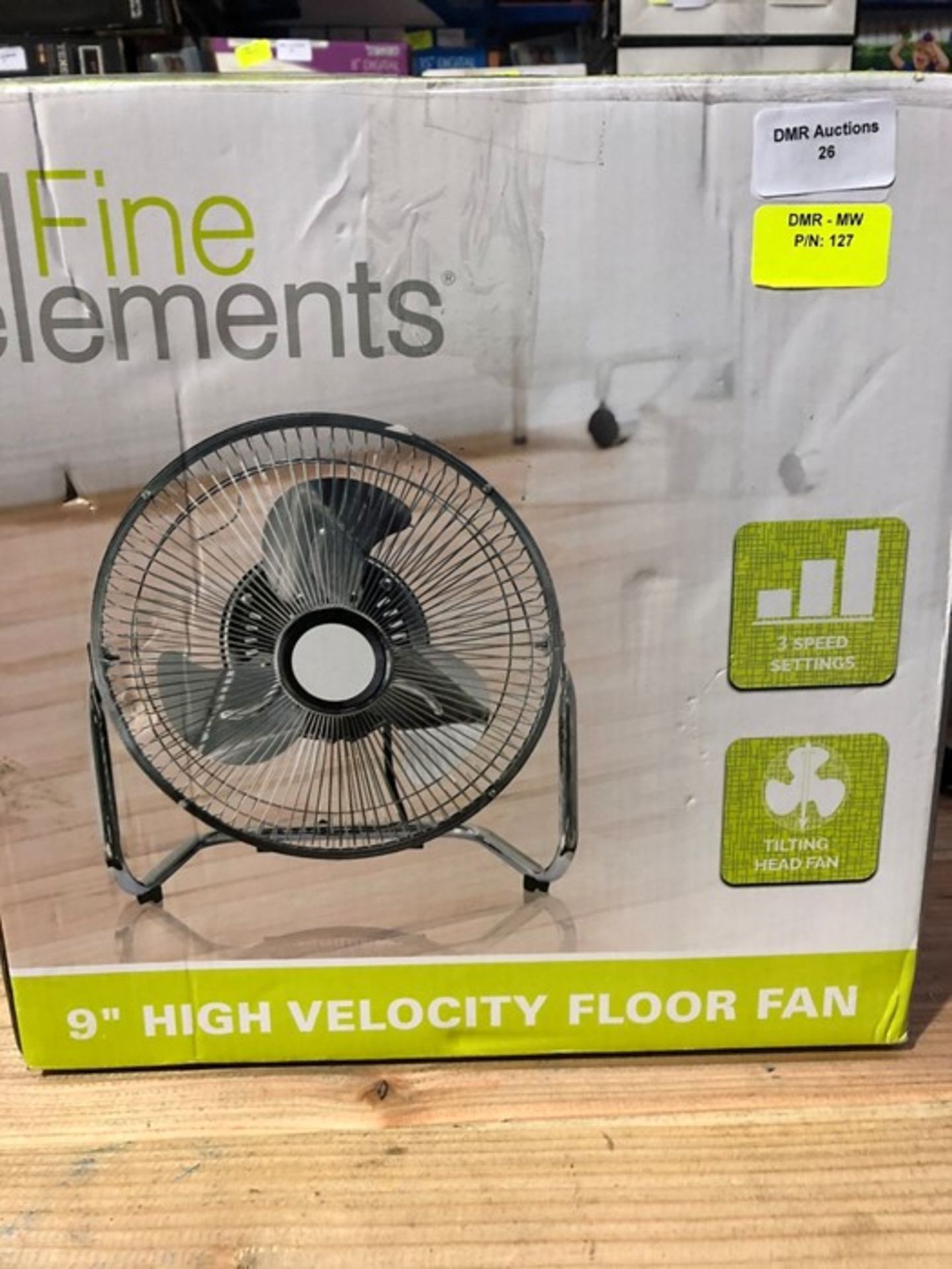 1 BOXED FINE ELEMENTS 9" HIGH VELOCITY FLOOR FAN / RRP £12.99 (PUBLIC VIEWING AVAILABLE)