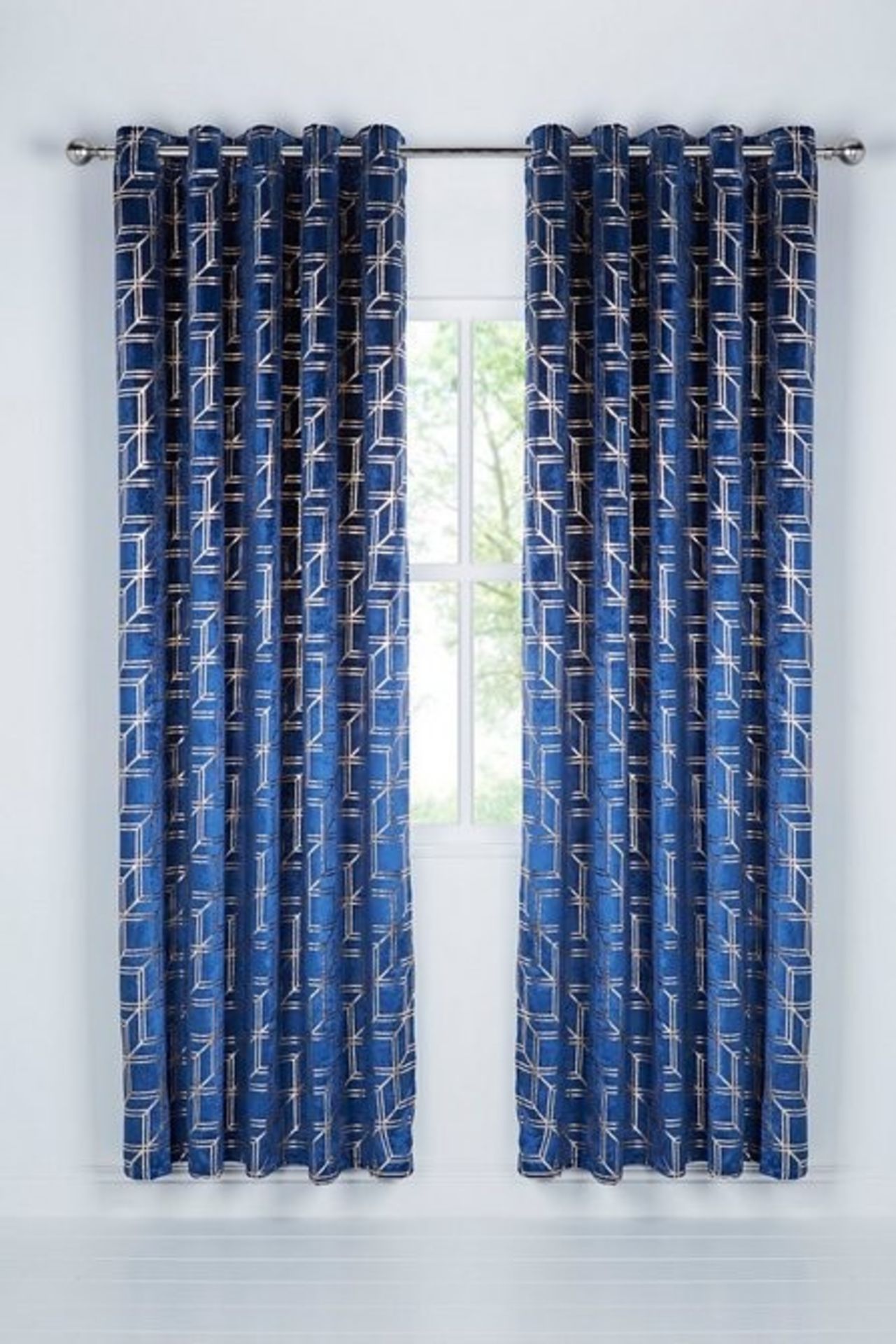 1 BAGGED METALLIC CUBES VELVET UNLINED EYELET CURTAINS IN BLUE / SIZE: 90 X 90" / RRP £110.00 (