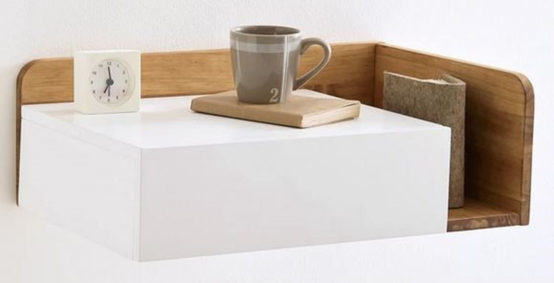 1 GRADE B BOXED DESIGNER FLOATING BEDSIDE TABLE, LEFT HAND SIDE IN WHITE/WOOD / RRP £75.00 (PUBLIC