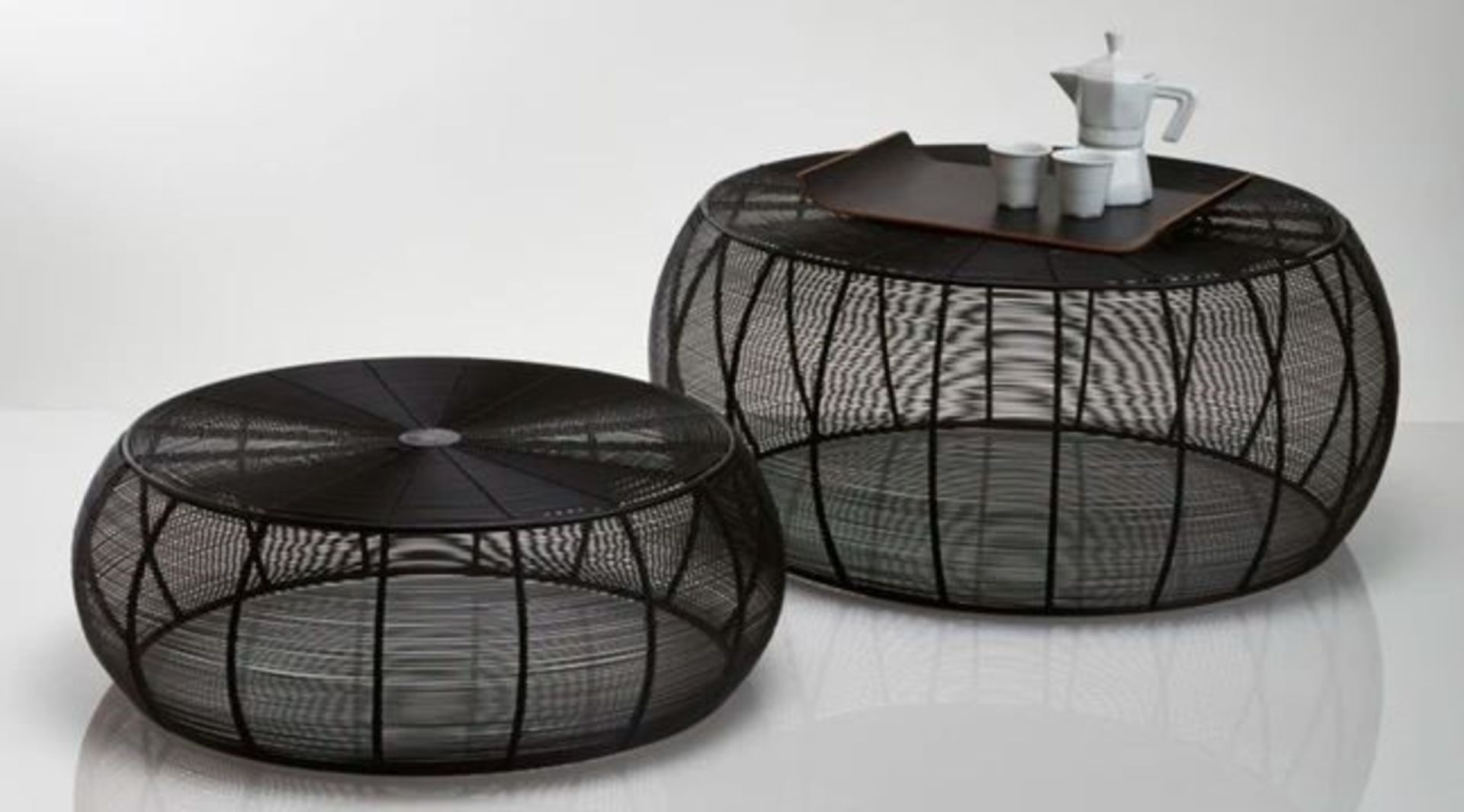 1 GRADE B BOXED DESIGNER SET OF 2 BANGOR STEEL WIRE ROUND COFFEE TABLES IN BLACK / RRP £280.00 (