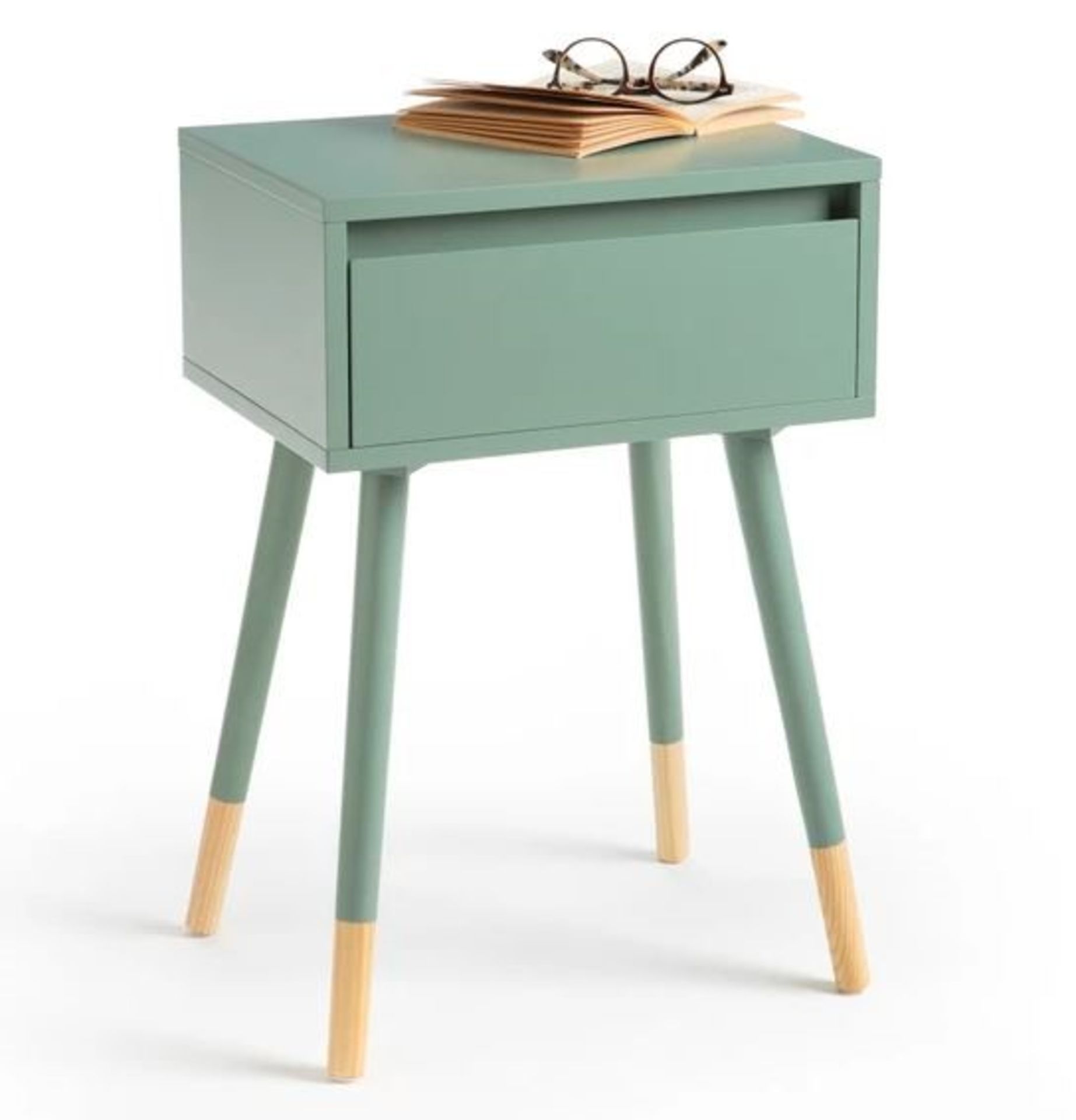 1 GRADE B BOXED DESIGNER JANIK SCANDI-STYLE PINE BEDSIDE TABLE IN GREY-GREEN / RRP £75.00 (PUBLIC