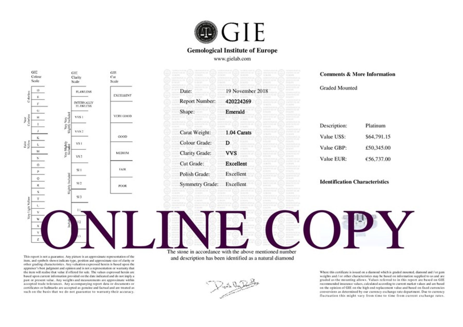 Valued by GIE £50,345.00 - Platinum Single Stone Emerald Cut Diamond Ring 1.04 Carats - 5125006, - Image 2 of 2