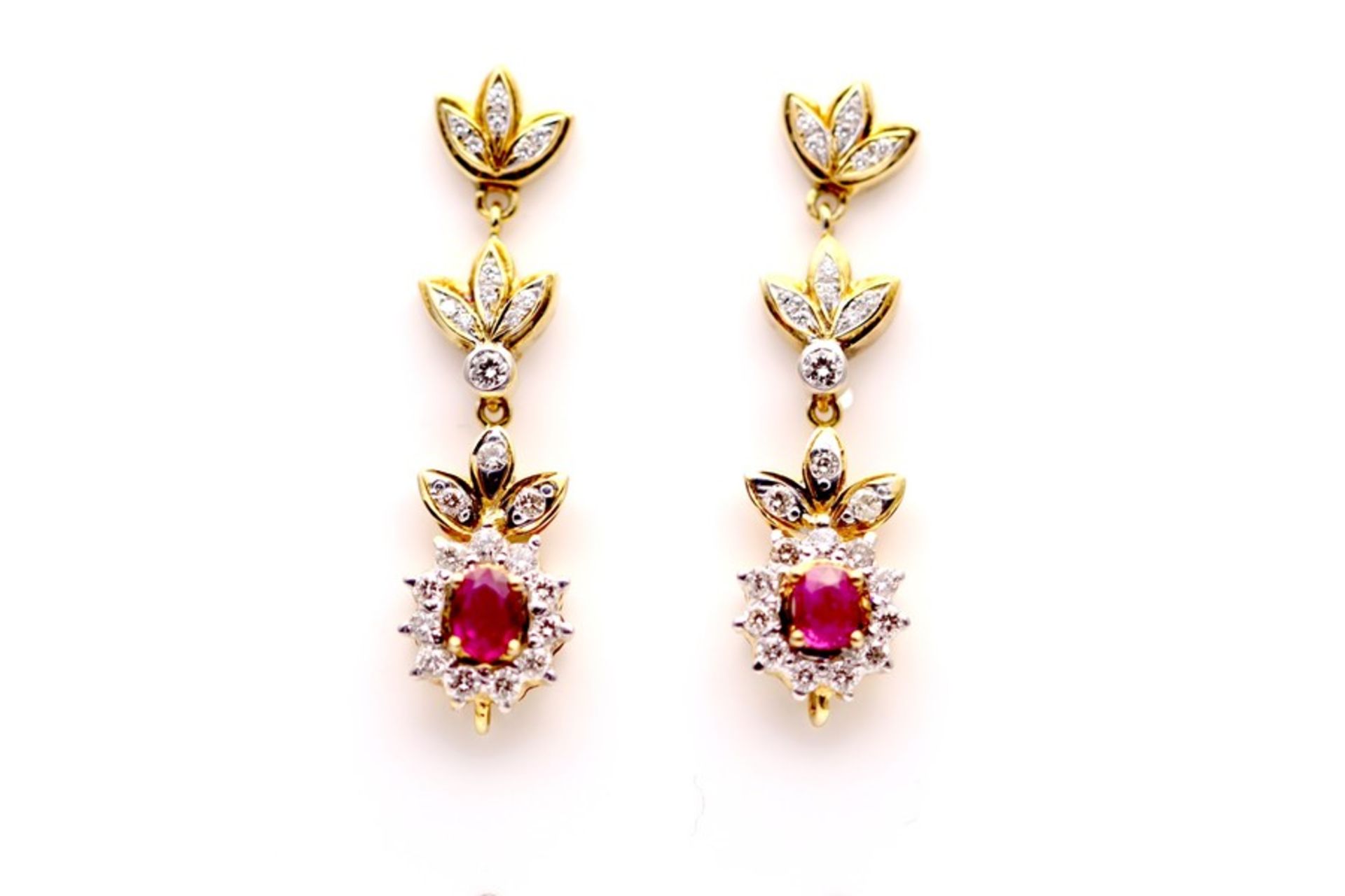 18CT YELLOW GOLD LADIES DIAMOND AND RUBY DROP EARRINGS