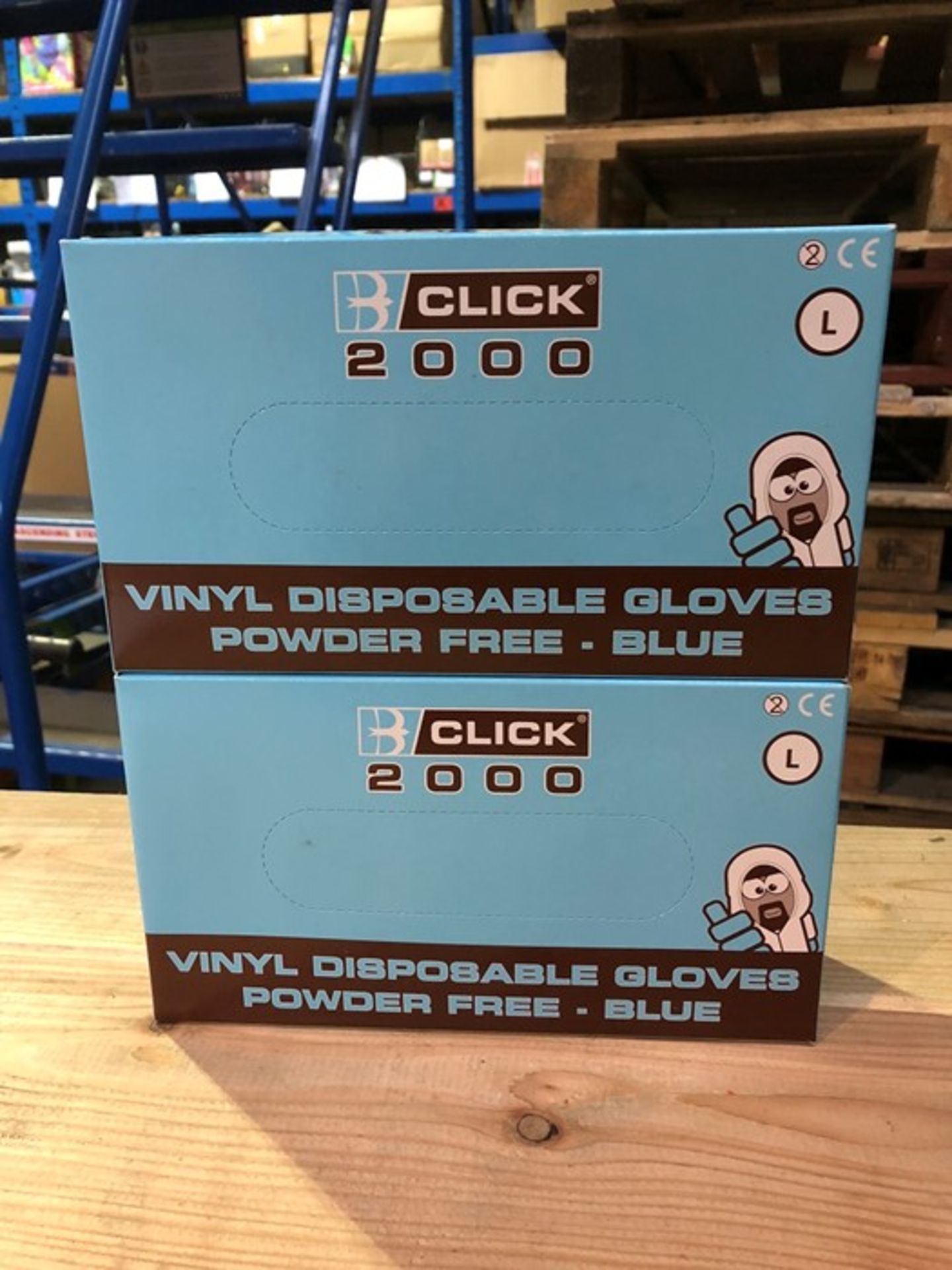 1 LOT TO CONTAIN 2 BOXED OF CLICK 2000 VINYL DISPOSABLE GLOVES POWDER FREE IN BLUE / SIZE: L (PUBLIC