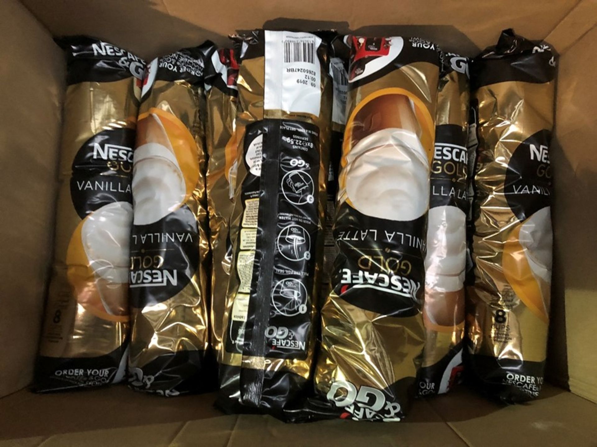 1 LOT TO CONTAIN 8 SLEEVES OF NESCAFE AND GO GOLD VANILLA LATTE - 8 CUPS PER SLEEVE / BEST BEFORE: