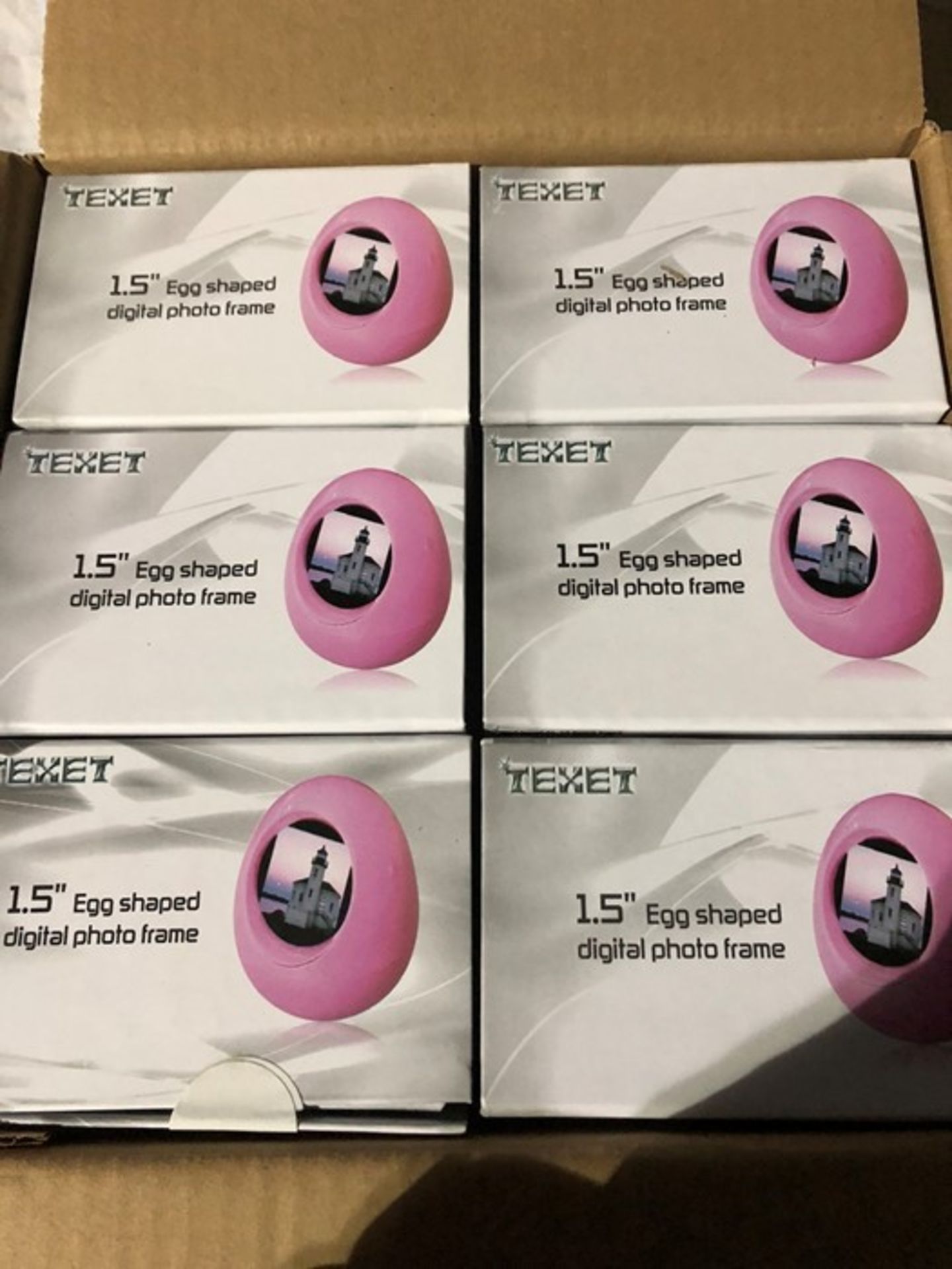 1 LOT TO CONTAIN 6 BOXED TEXET 1.5" EGG SHAPED DIGITAL PHOTO FRAME IN PINK / RRP £59.94 (PUBLIC