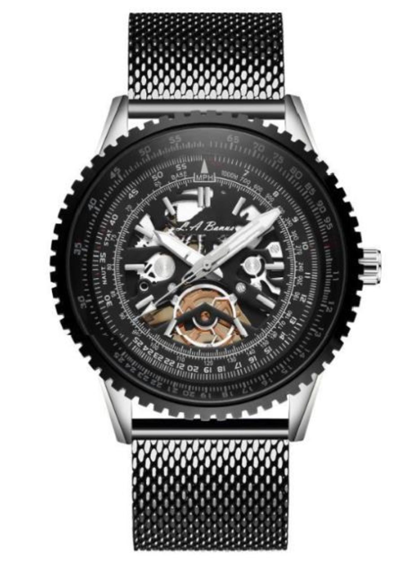 Men’s LA Banus skeleton dial watch with shark mesh stainless steel strap. Black colour. RRP £599