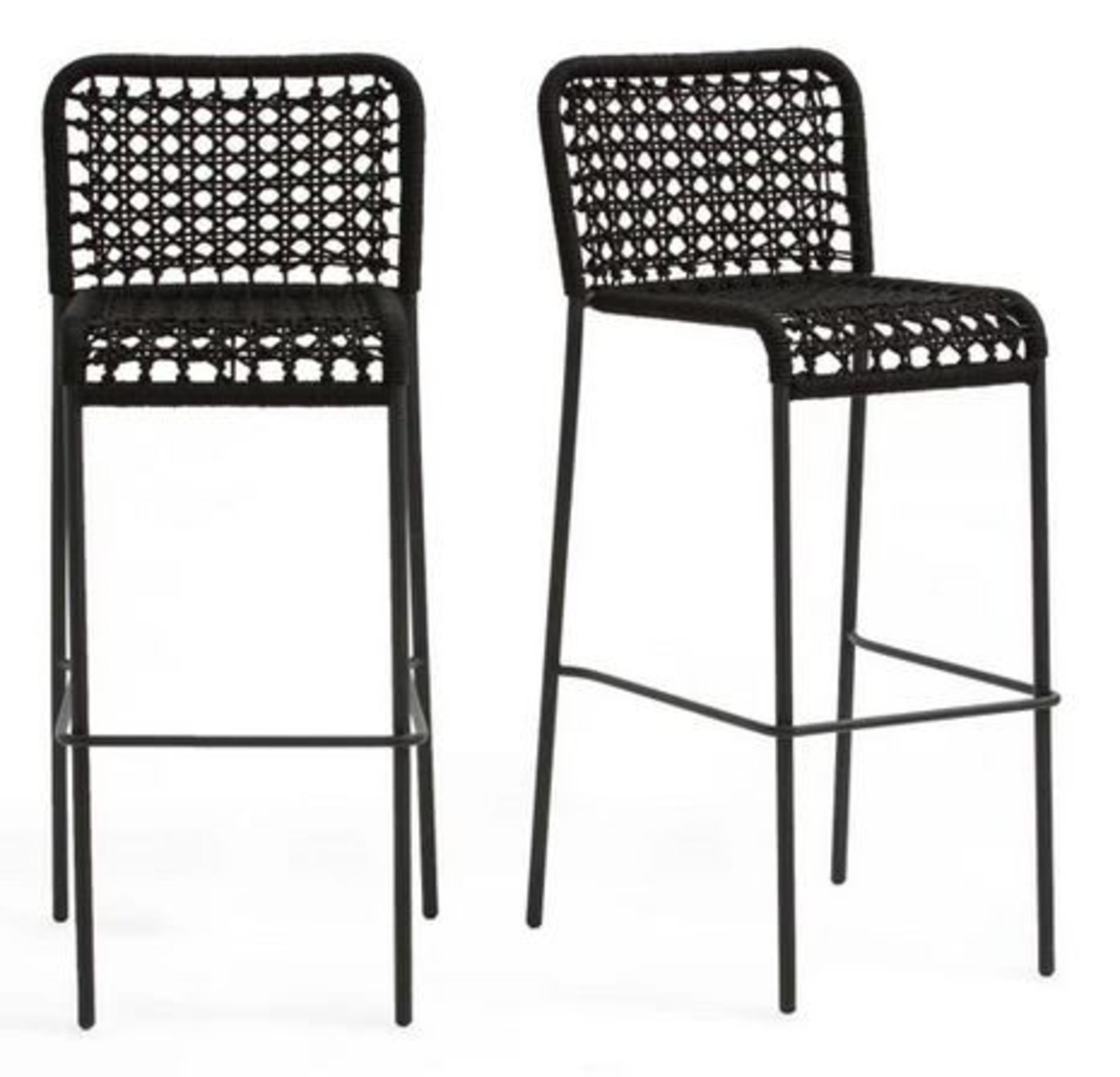 1 GRADE A BOXED DESIGNER METAL AND WOVEN CORD OUTDOOR HIGH BAR STOOLS IN BLACK / RRP £349.00 (PUBLIC