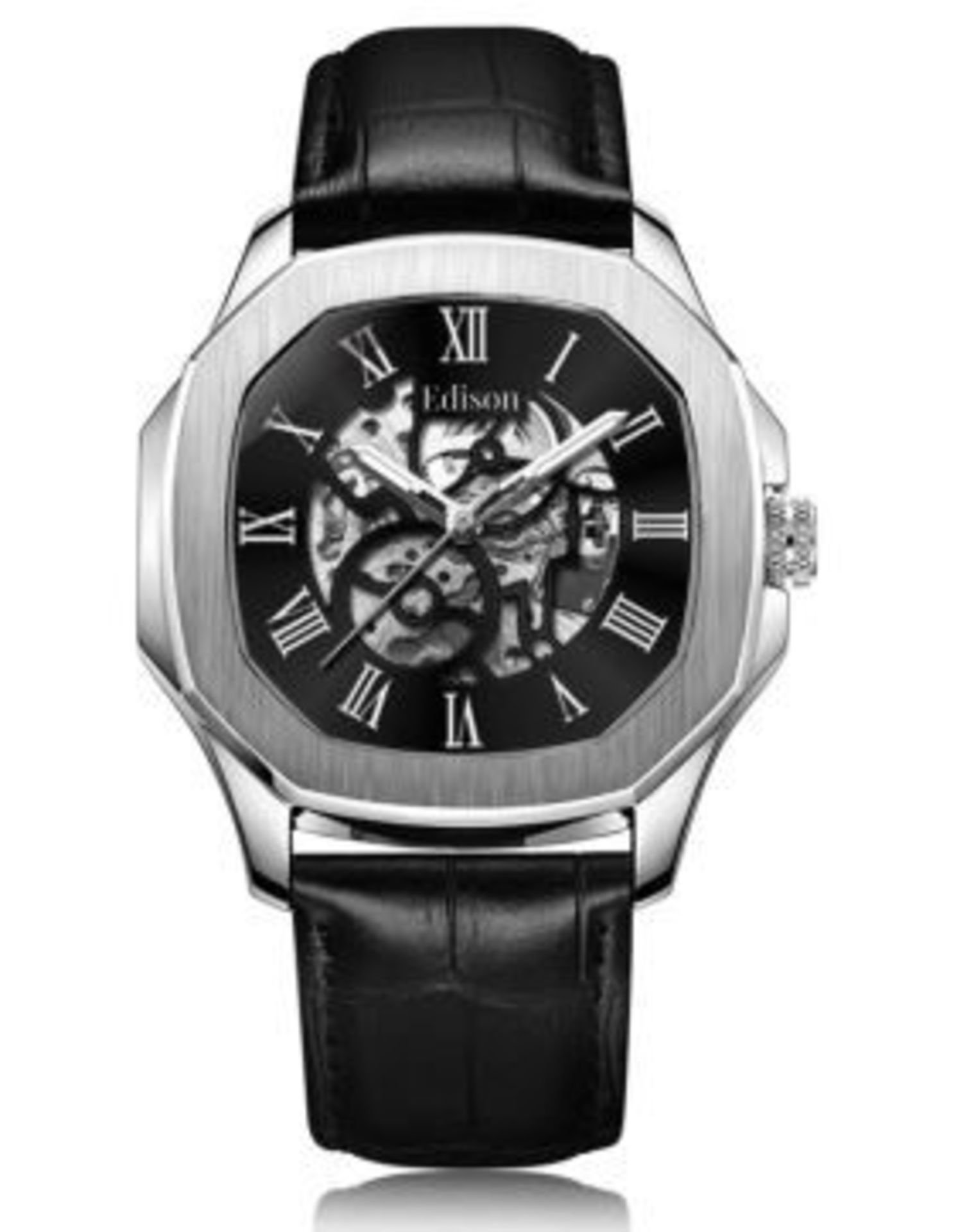 Men’s Automatic Edison skeleton dial octagon bezel watch, silver coloured case and black leather