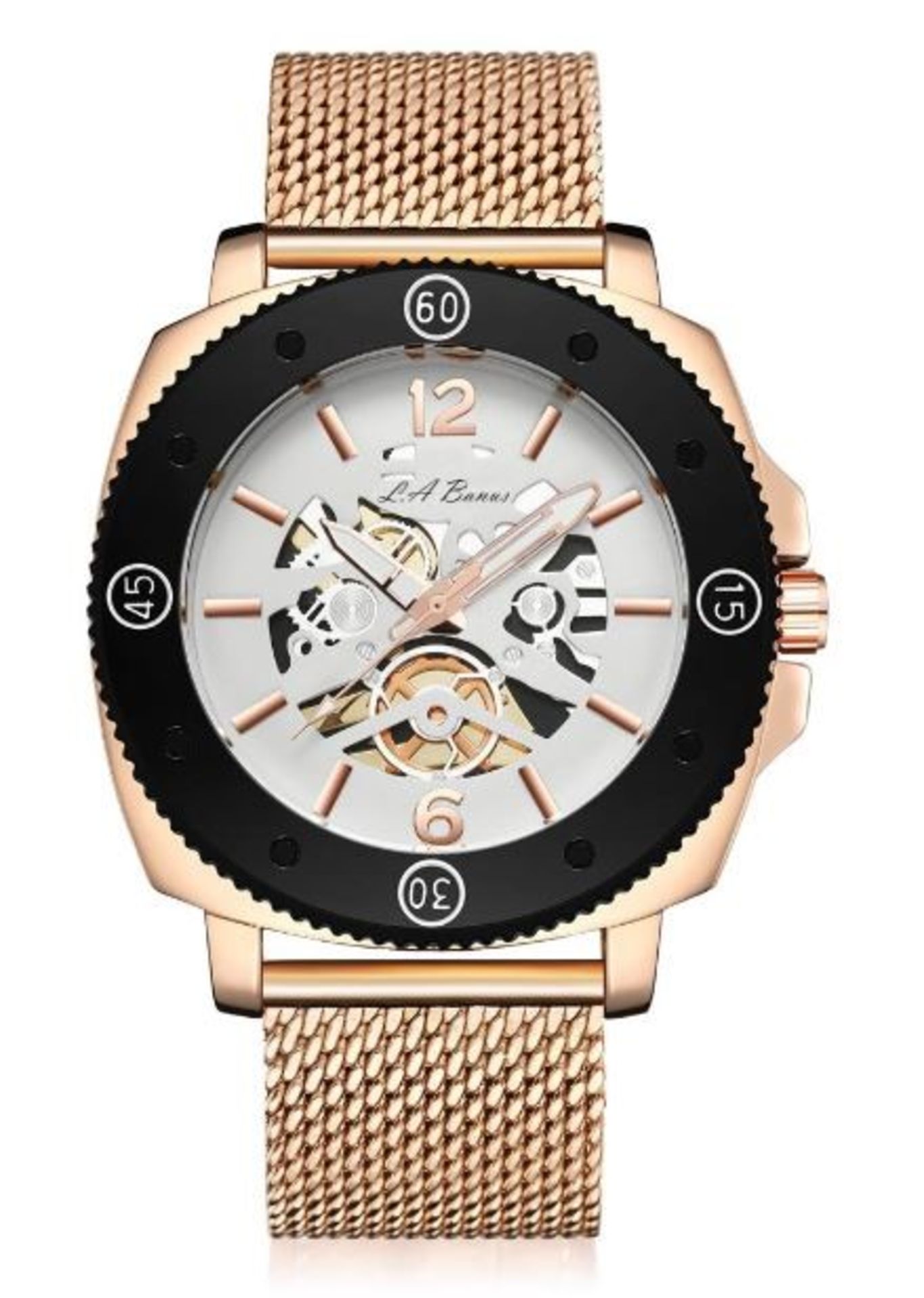 Men’s LA Banus King Skeleton watch with stainless steel shark mesh strap. Rose gold colour. RRP £