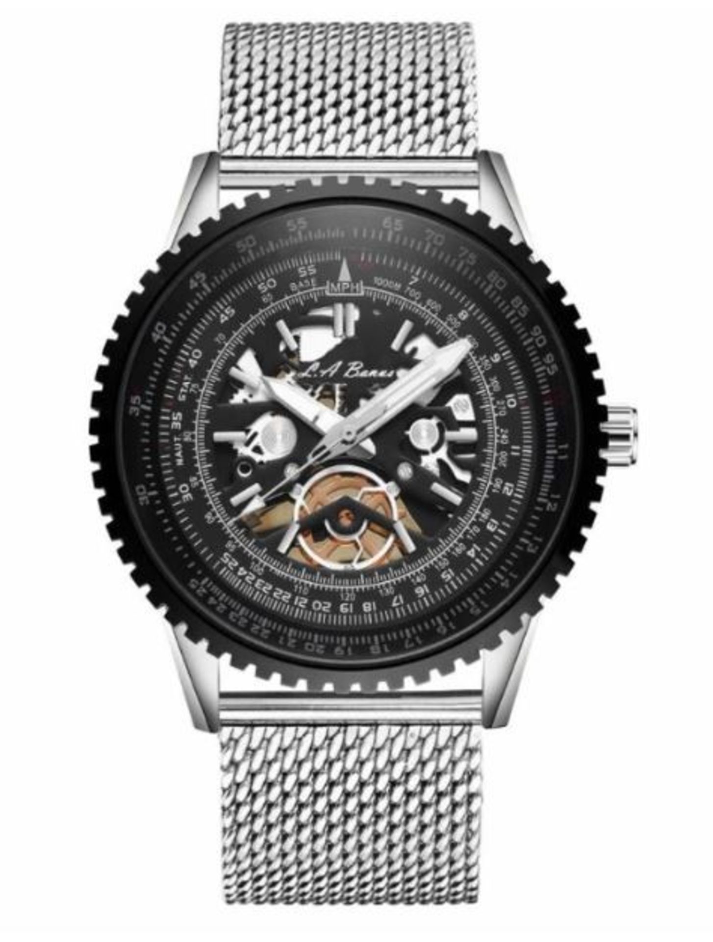 Men’s LA Banus skeleton dial watch with shark mesh stainless steel strap. Silver colour. RRP £599