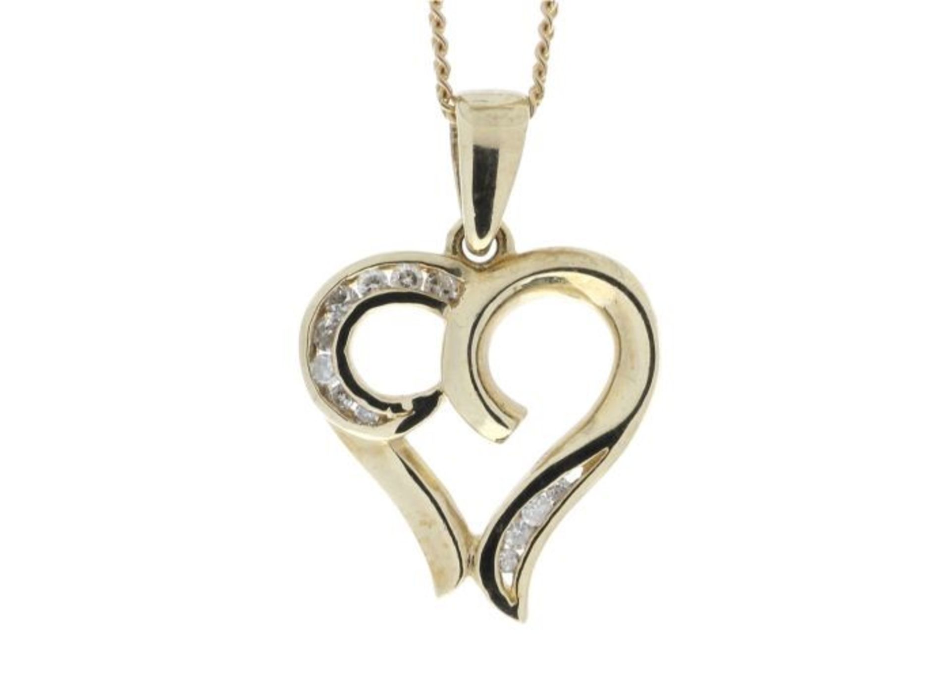 9ct Yellow Gold Heart Pendant with Diamonds in Top & Bottom Cormer Swirls 0.10