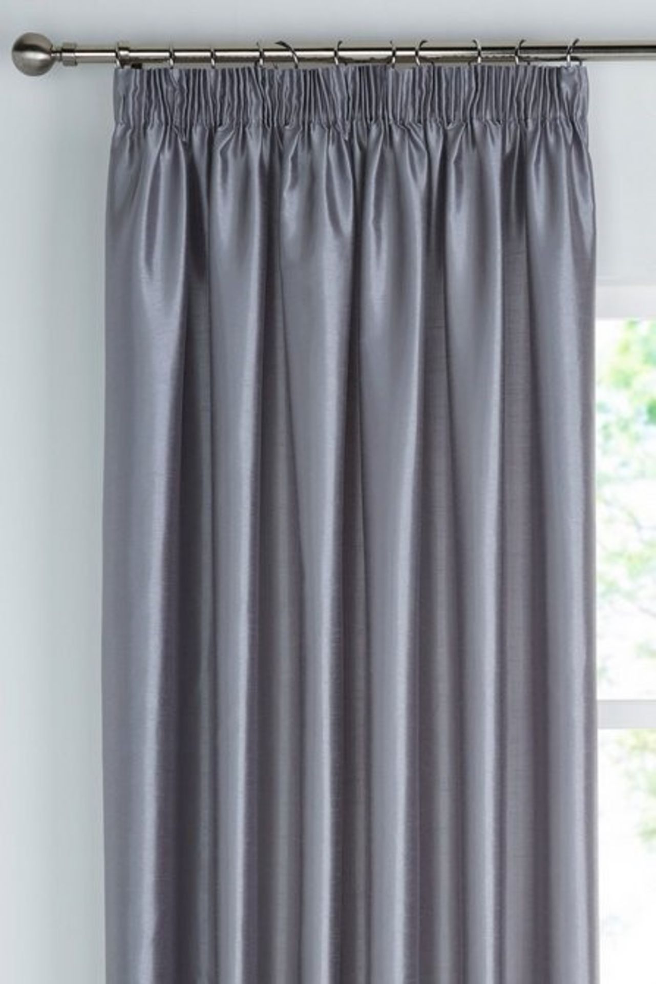 1 BAGGED PAIR OF FAUX SILK LINED PENCIL PLEAT CURTAINS IN SILVER / SIZE: 90 X 90 / RRP £60.00 (