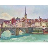 KIENER, ROBERTBolligen 1866 - 1945 BernDie Untertorbrücke in Bern.Öl auf Gaze, auf Malkarton,sig. u.