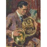 DICK, KARL THEOPHILNiedereggenen 1884 - 1967 BaselMusiker mit Horn.Öl auf Malkarton,sig. u. dat. (