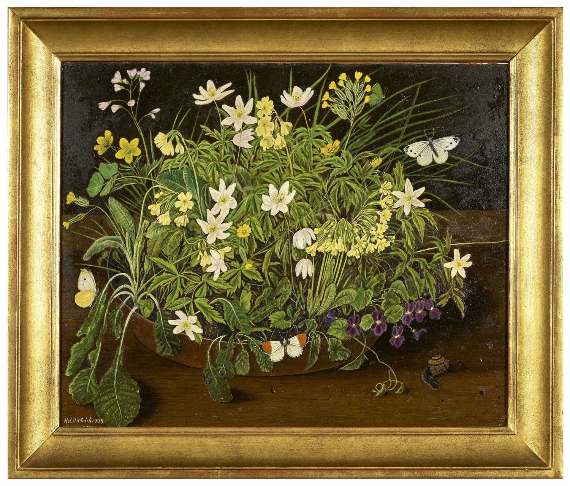 DIETRICH, ADOLF1877 Berlingen 1957Wiesenblumen und Schmetterlinge in der Schale.Öl auf Malkarton, - Bild 2 aus 5