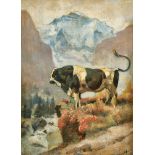 HODLER, FERDINANDBern 1853 - 1918 GenèveFreiburger Stier vor Jungfraumassiv.Öl auf Malkarton,mgr.