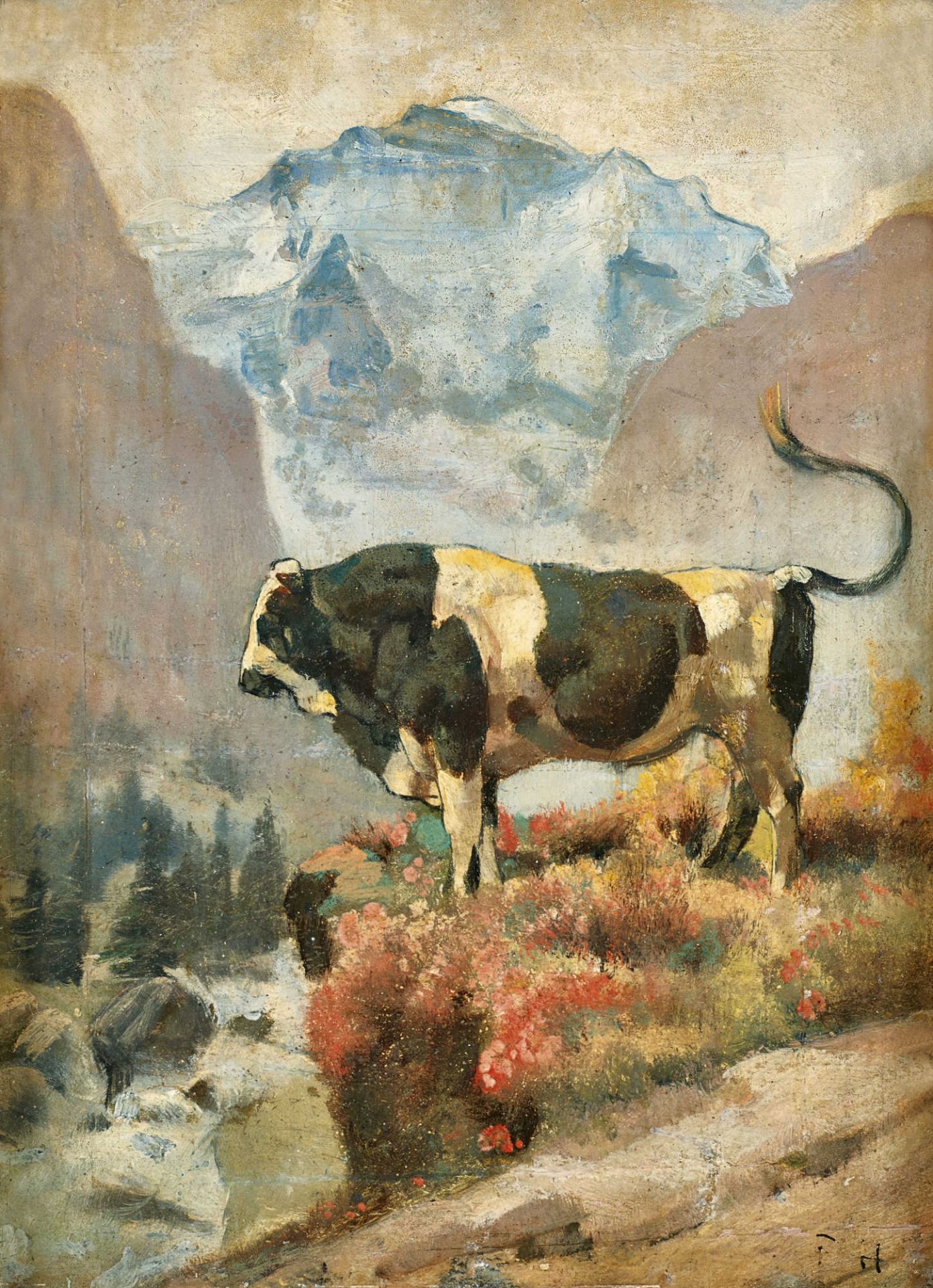 HODLER, FERDINANDBern 1853 - 1918 GenèveFreiburger Stier vor Jungfraumassiv.Öl auf Malkarton,mgr.