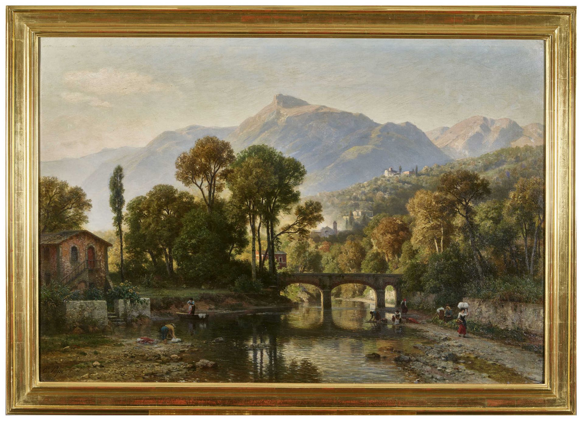 PAPE, FRIEDRICH EDUARD1817 Berlin 1905Südliche Landschaft mit Wäscherinnen am Fluss.Öl auf - Bild 2 aus 3