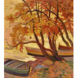 HUBER, KARL THEODORBasel 1889 - 1961 MelideHerbstliches Ufer mit Booten.Öl auf Malkarton,sig. u.