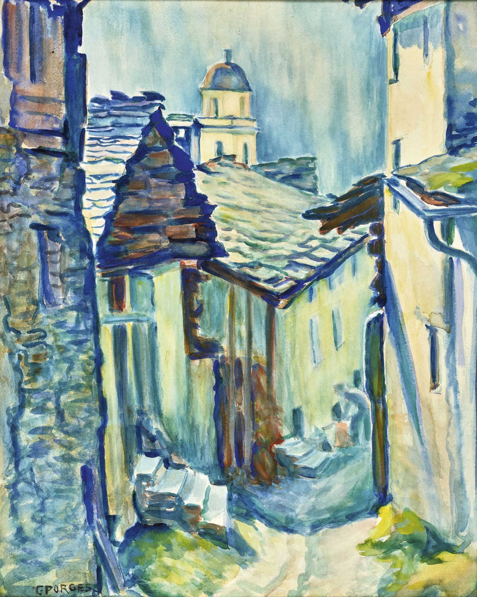 PORGES, CLARABerlin 1879 - 1963 SamedanGasse in Soglio (Bergell).Aquarell,sig. u.l.,55,5x44 cm (LM)-