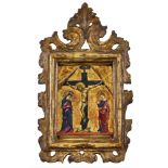 VENEZIANISCH, 14. JH.Christus am Kreuz mit Maria und Johannes.Öl auf Holz,14x11,5 cmExpertise (in