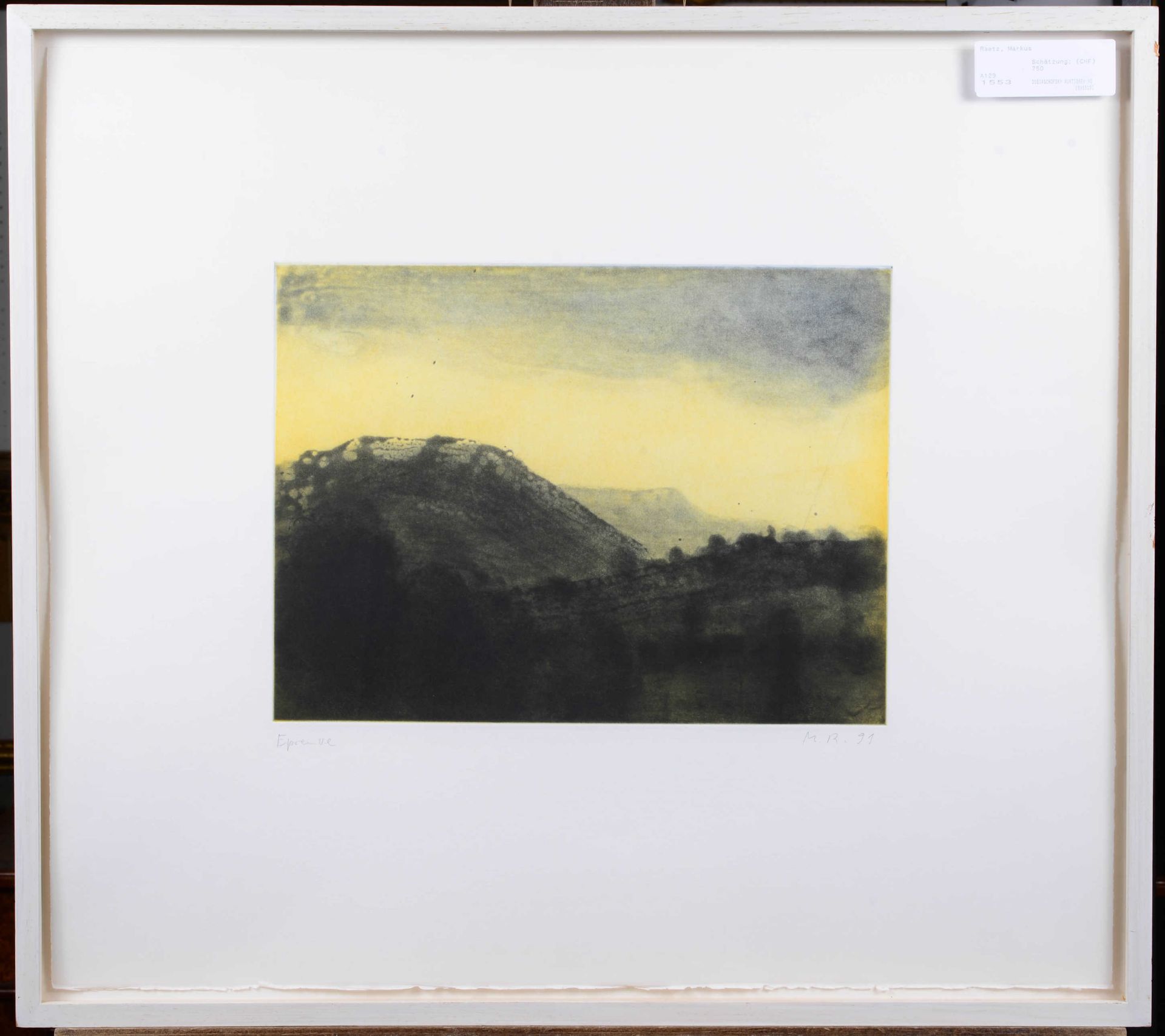 RAETZ, MARKUSBüren an der Aare 1941Eine Hügellandschaft bei niedrigem Sonnenstand.Farbaquatinta, - Bild 2 aus 2