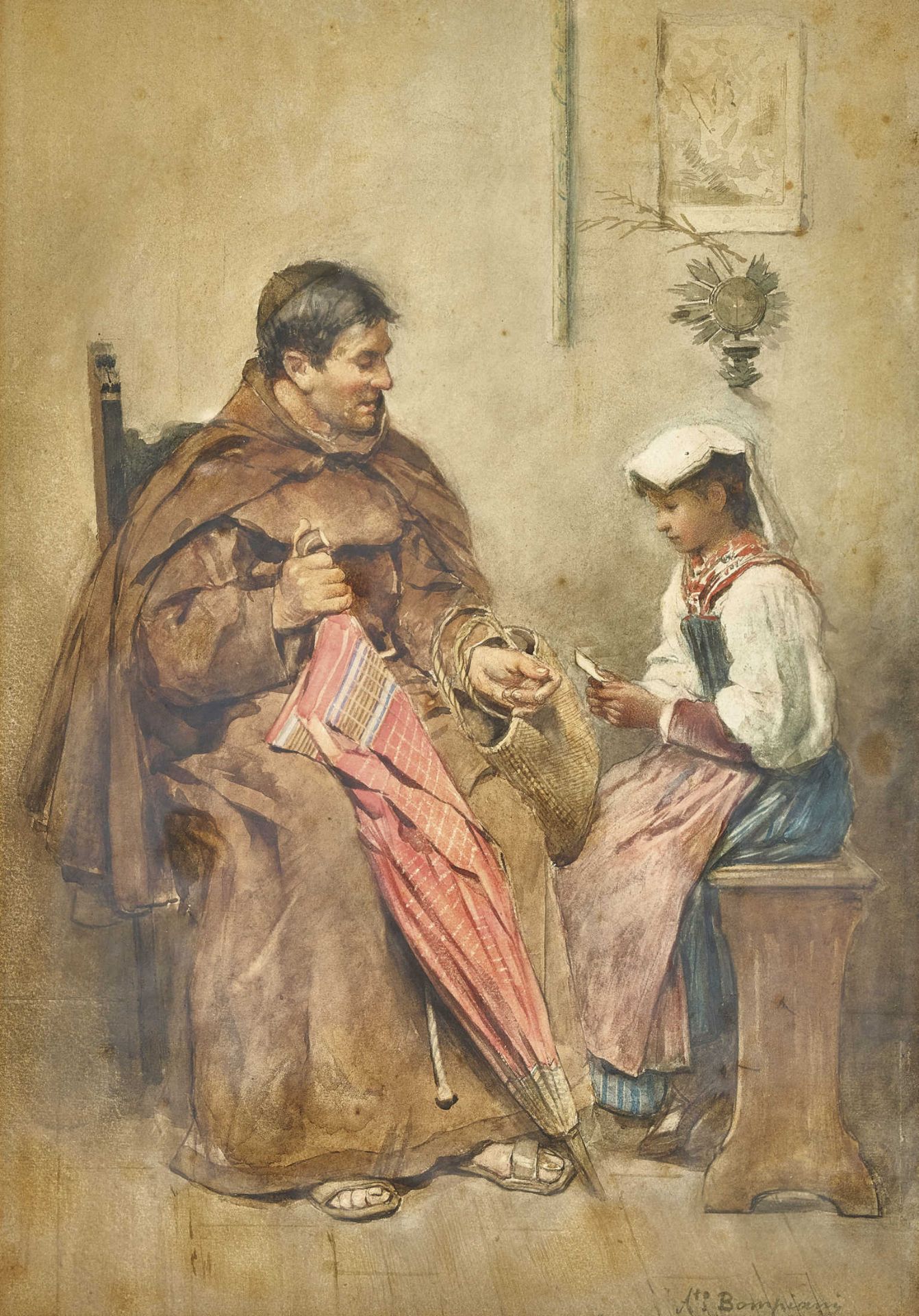 BOMPIANI, AUGUSTO1852 Rom 1930Ordensbruder mit Trachtenmädchen.Aquarell,sig. u.r.,51x35 cm (