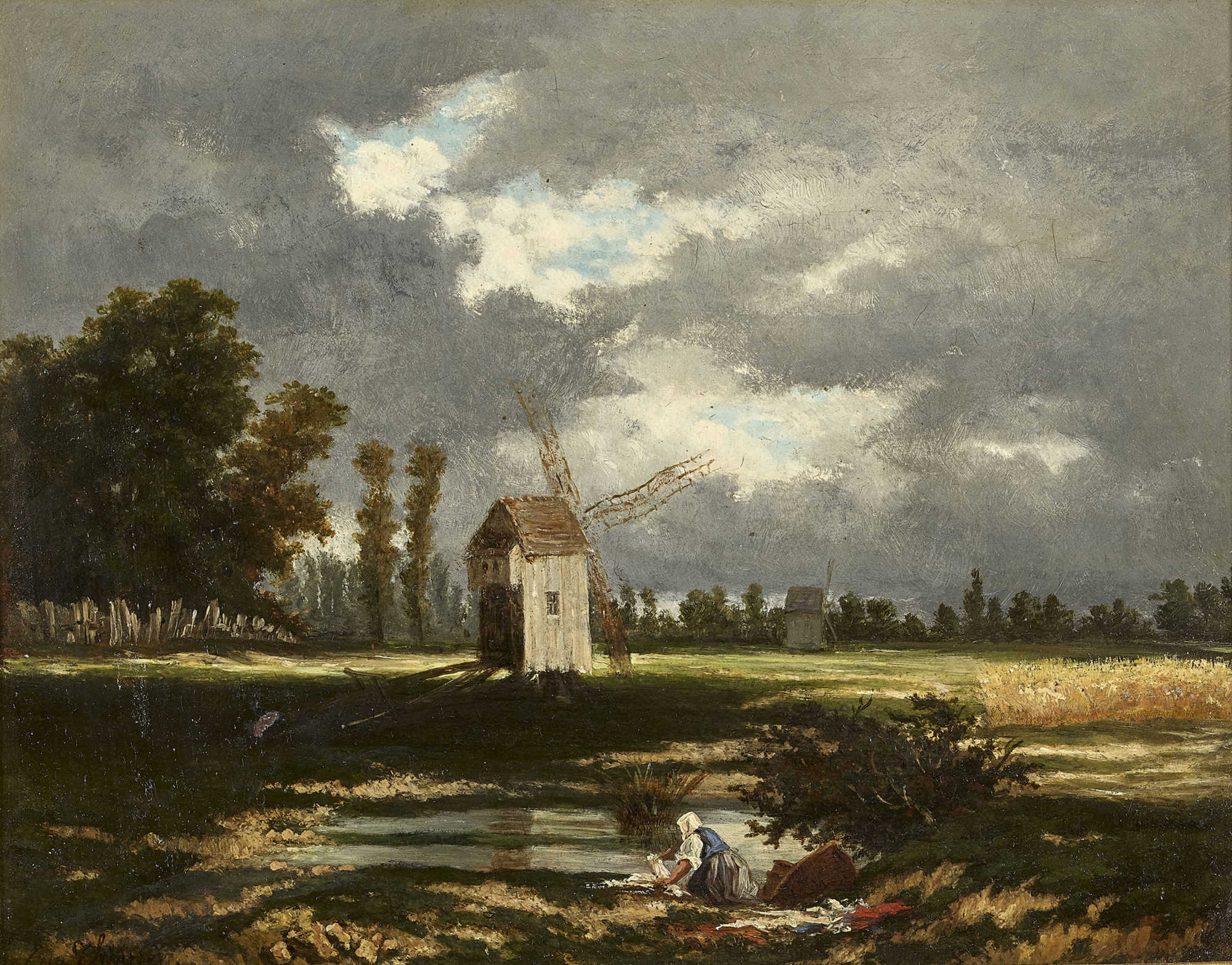 THIERRÉE, EUGÈNE STANISLASParis 1810 - 1879Landschaft mit Windmühle und Wäscherin.Öl auf Holz,sig.