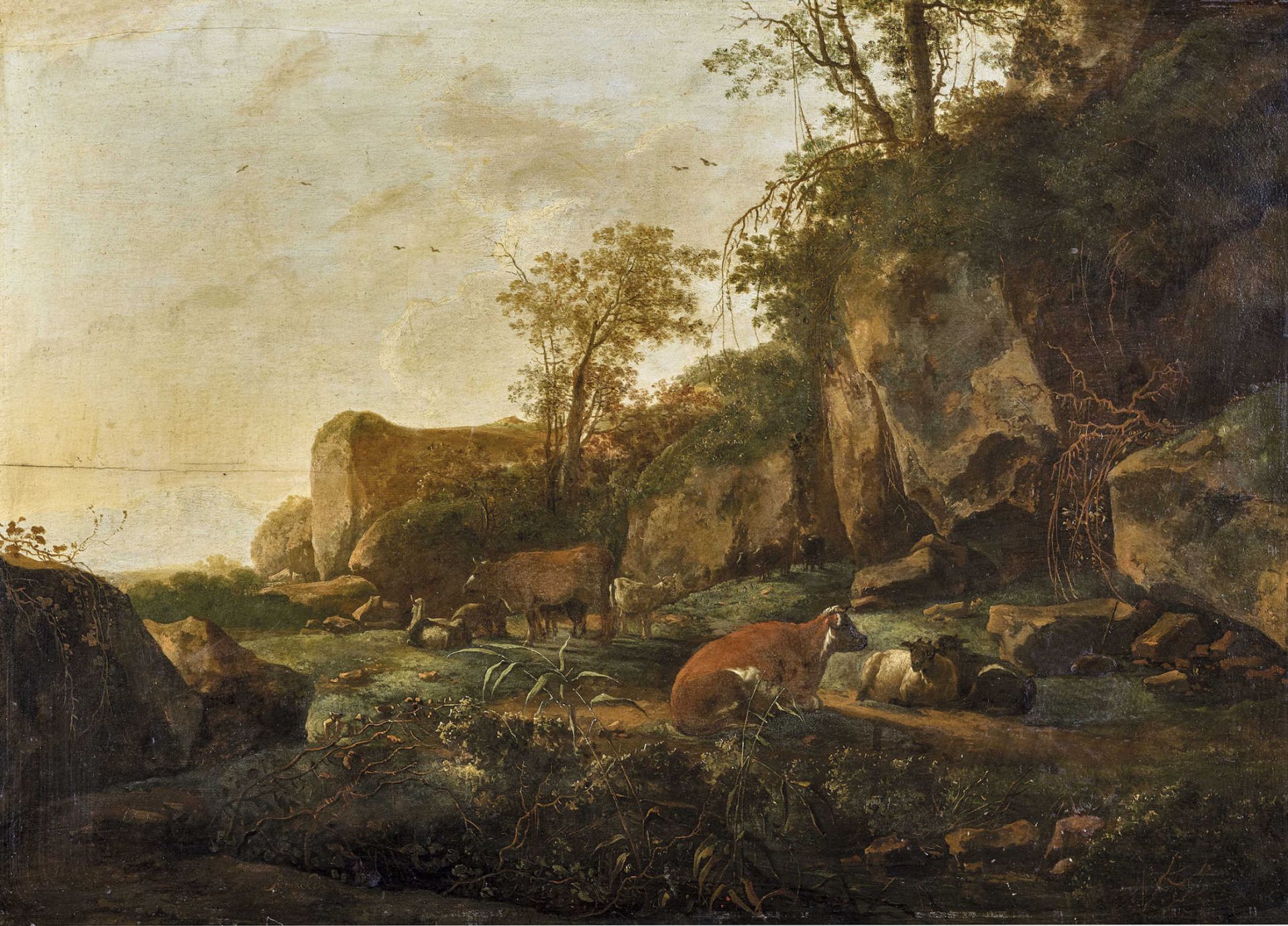 PIJNACKER, ADAMSchiedam 1620/22 - 1673 AmsterdamIdyllische Landschaft mit Viehherde.Öl auf Holz,sig.