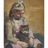 FLÜCK, JOHANN PETER1902 Schwanden bei Brienz 1954Sitzendes Mädchen mit Katze.Öl auf Leinwand,sig.