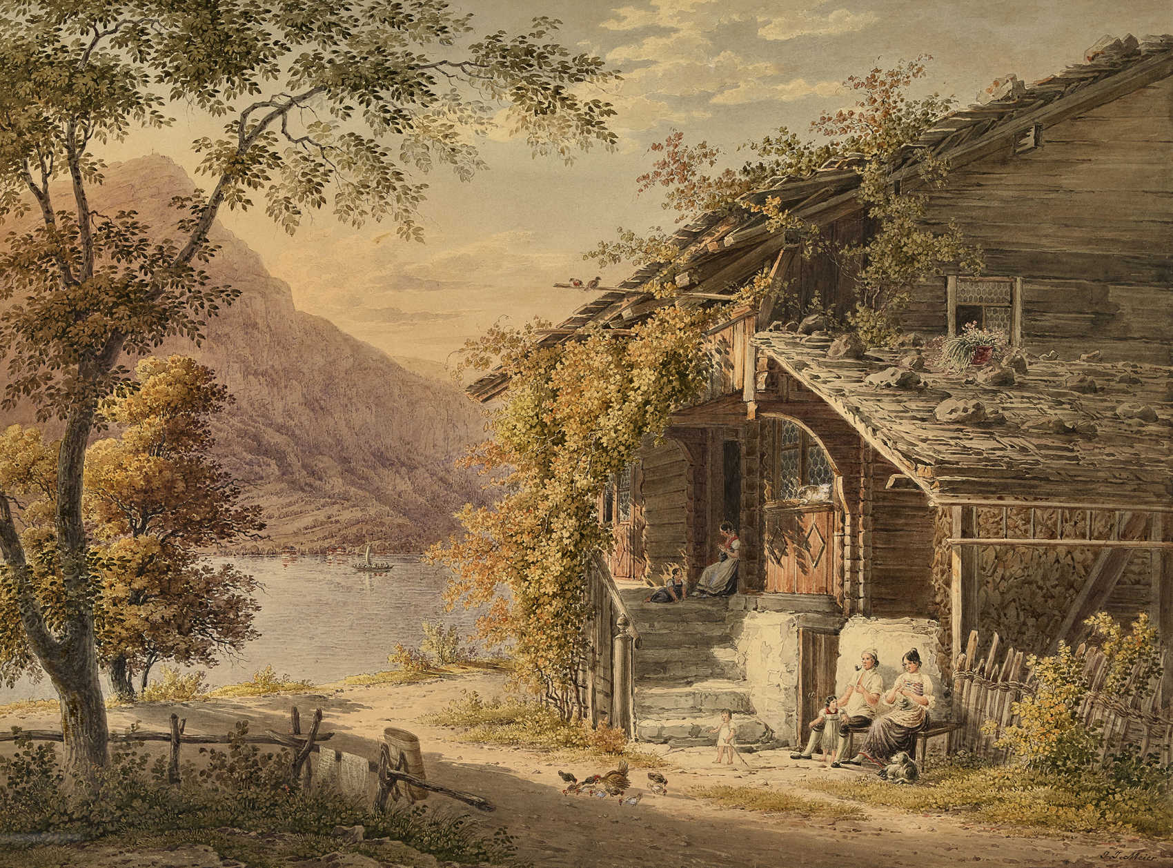 MEYER, JOHANN JAKOBMeilen 1787 - 1858 ZürichHäusliche Idylle vor Berg- und Seelandschaft.Aquarell