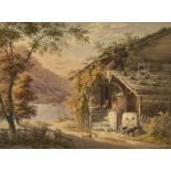 MEYER, JOHANN JAKOBMeilen 1787 - 1858 ZürichHäusliche Idylle vor Berg- und Seelandschaft.Aquarell