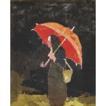 BUZZI, DANIELELocarno 1890 - 1974 LausanneÄltere Frau mit aufgespanntem Regenschirm.Mischtechnik auf