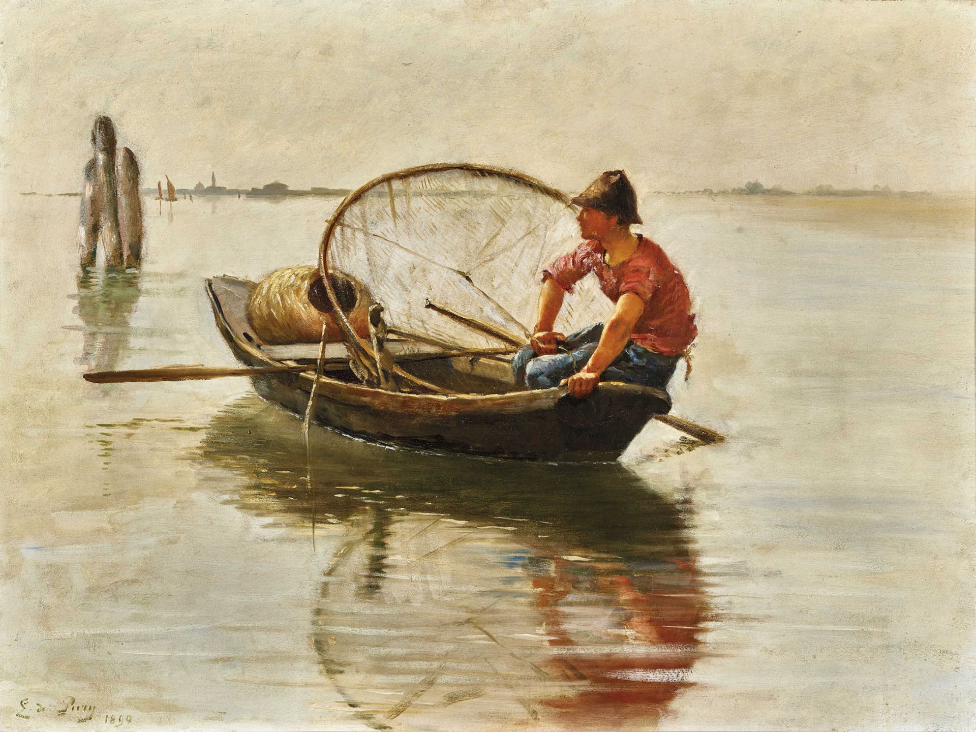PURY, BARON EDMOND JEAN DENeuchâtel 1845 - 1911 LausanneJunger Fischer im Boot in der Lagune von