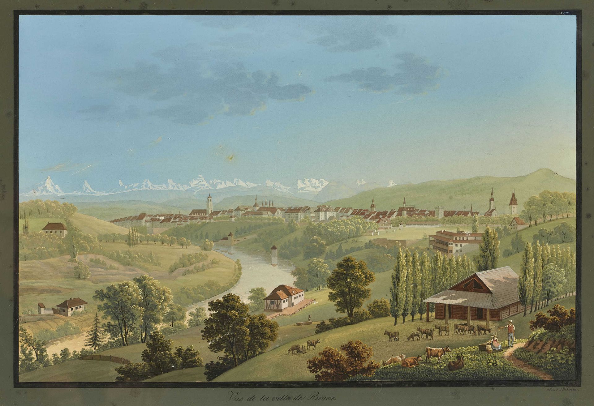 BLEULER, JOHANN LUDWIGFeuerthalen 1792 - 1850 Laufen-UhwiesenVue de la ville de Berne.Gouache über