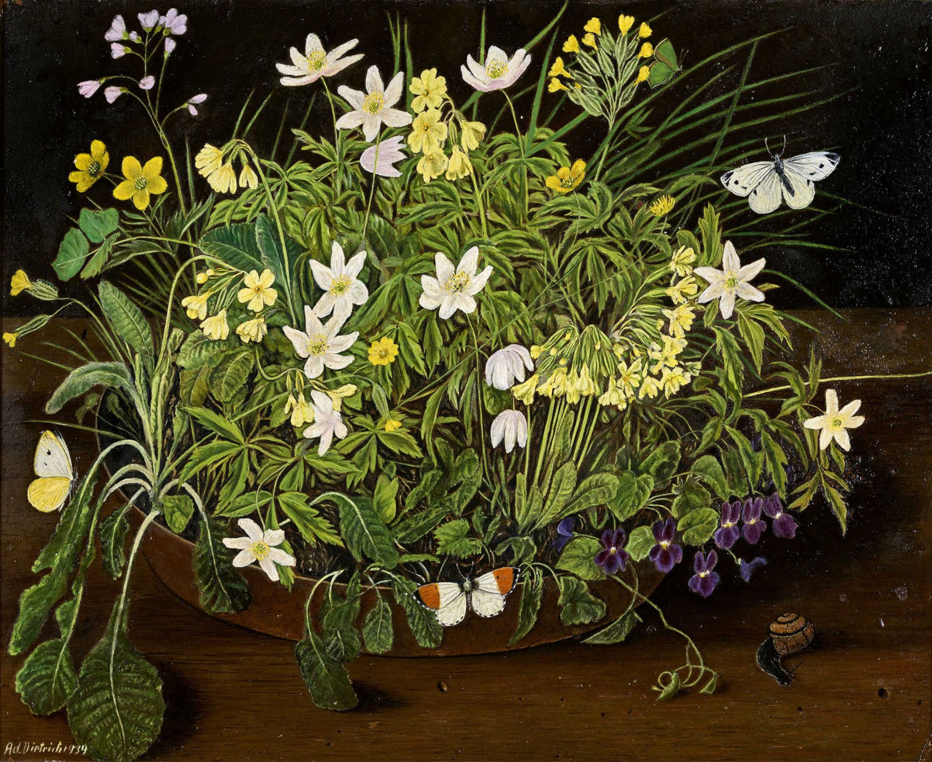 DIETRICH, ADOLF1877 Berlingen 1957Wiesenblumen und Schmetterlinge in der Schale.Öl auf Malkarton,