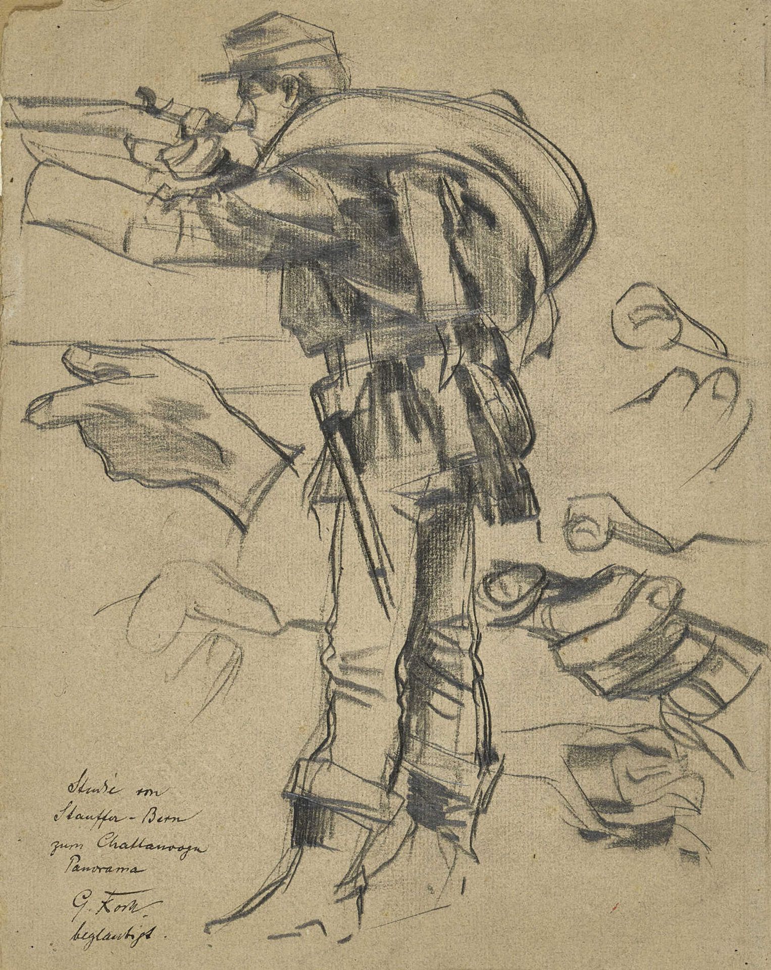 STAUFFER-BERN, KARLTrubschachen 1857 - 1891 FlorenzStudie zu einem Schützen.Bleistift und Kohle,bez.