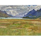 TIÈCHE, ADOLF1877 Bern 1957Silsersee mit Inselchen Chaviolas und Halbinsel Chastè.Öl auf Leinwand,