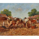 UNGARN, 20. JH.Rastende Pferde bei der Fütterung.Öl auf Holz,undeutl. sig. u.r.,21,5x26,5 cm- - -