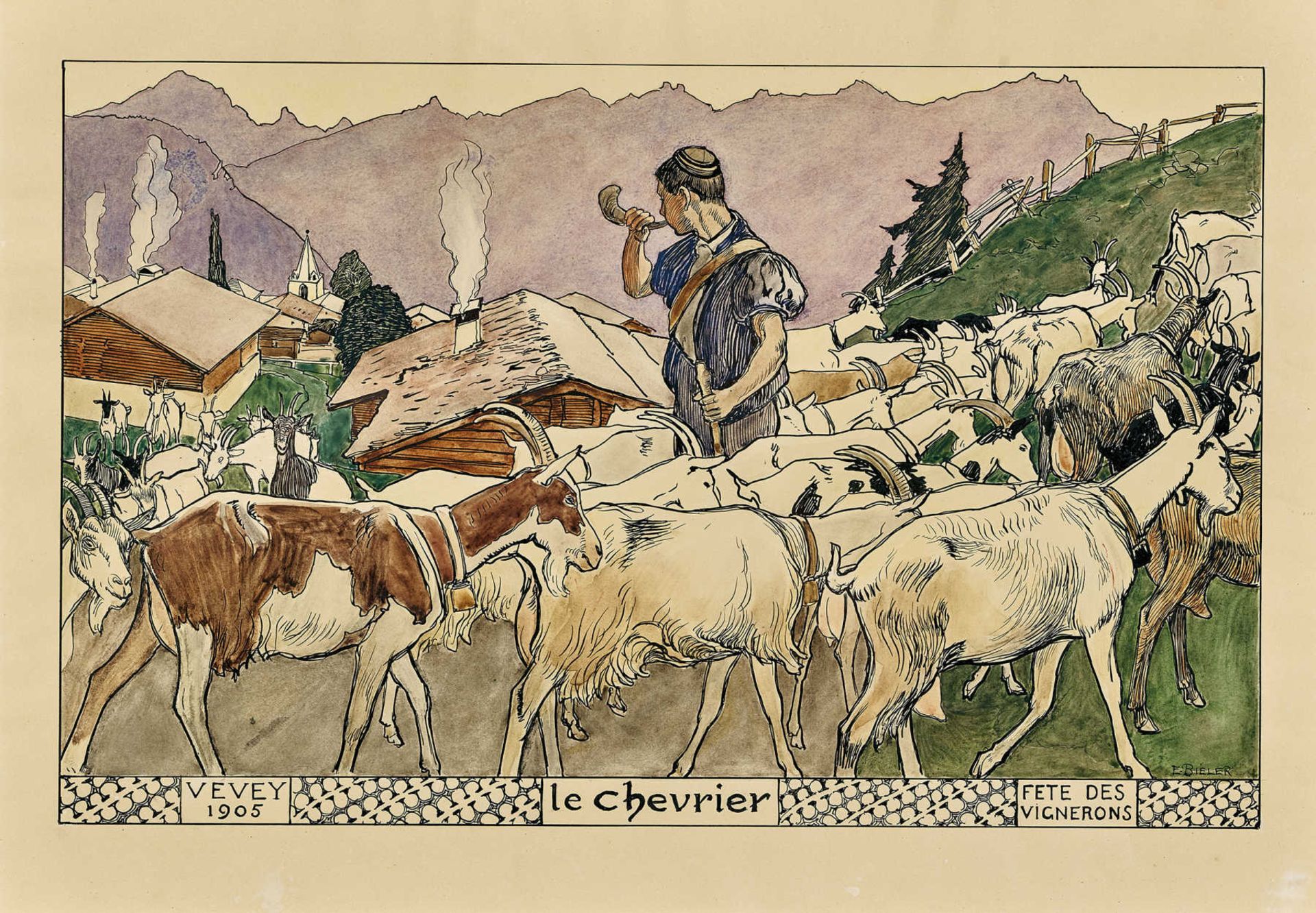 BIÉLER, ERNESTRolle 1863 - 1948 LausanneLe chevrier.Aquarell und Tusche auf Papier, sig. u.r.,