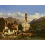 OUVRIÉ, PIERRE JUSTINParis 1806 - 1879 RouenBergdorf mit Kirche.Öl auf Leinwand,sig. u.l.,42x55