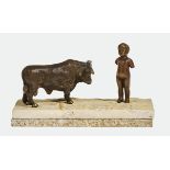 SCHWEIZ, 20. JH.Kind und Stier.Assemblage aus zwei Figuren auf zwei Steinplatten.Bronze,
