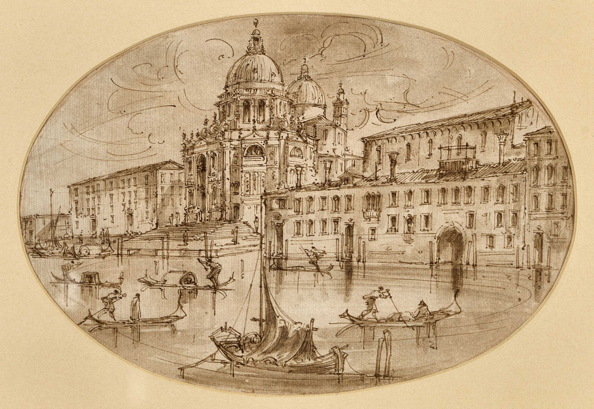 ITALIEN, 19. JH.Blick auf Santa Maria della Salute in Venedig.Feder in Schwarz, laviert,verso a.