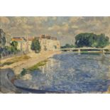 FRANKREICH, 19./20. JH.Sommerliche Stadt am Fluss.Öl auf Leinwand, doubliert,38x55 cm- - -22.00 %