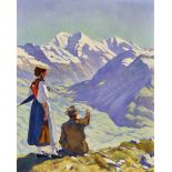 ANNELER, KARLThun 1886 - 1957 WichtrachFrau in Freudenberger Tracht und Mann vor dem Balmhorn.Öl auf