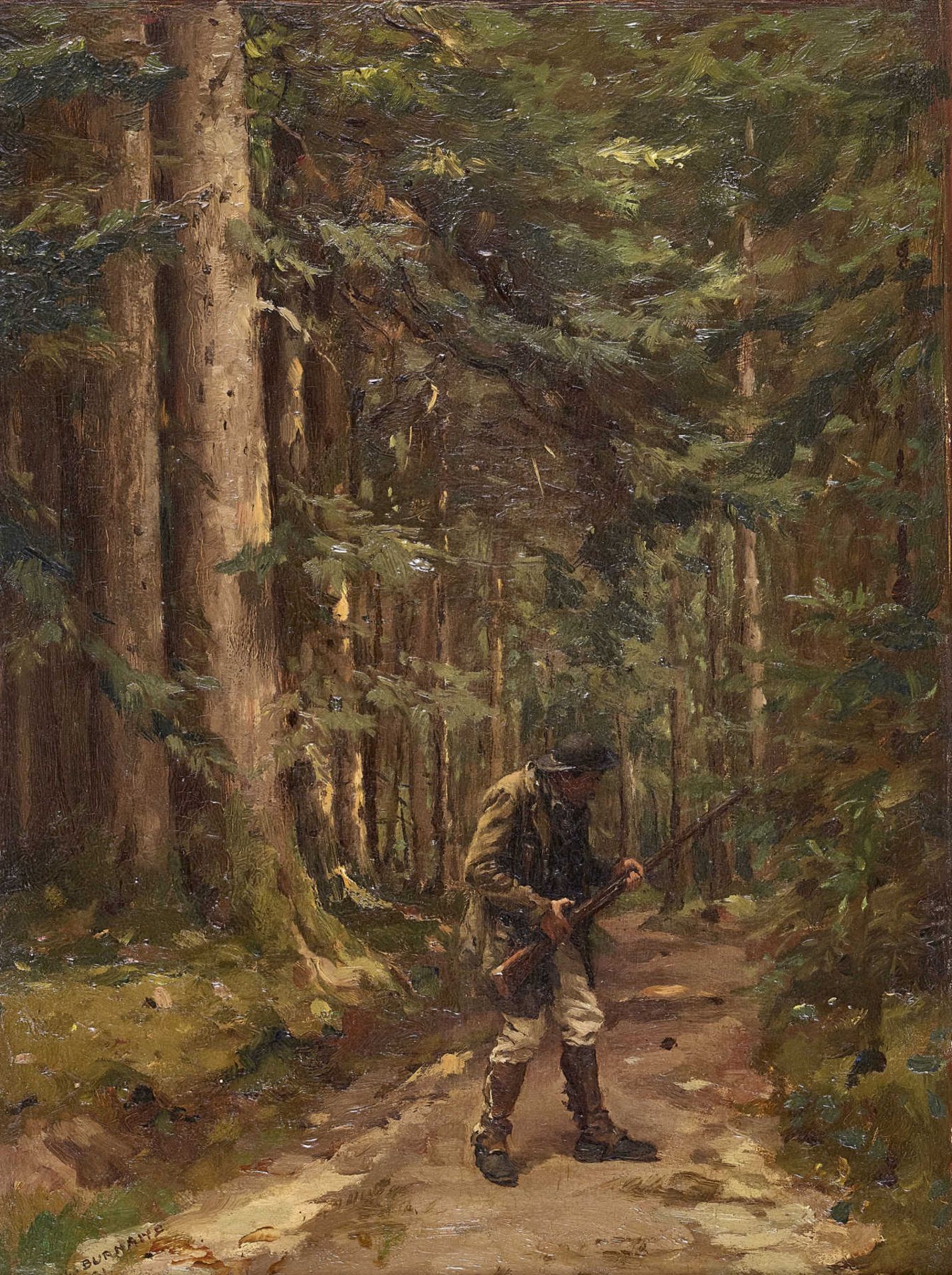 BURNAND, EUGÈNEMoudon 1850 - 1921 ParisLe chasseur.Öl auf Holz,sig. u. dat. (18)81 u.l.,31,5x24